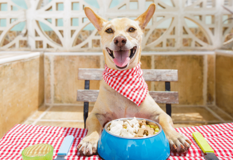 Senior dog enjoying homemade dog food with healthy ingredients