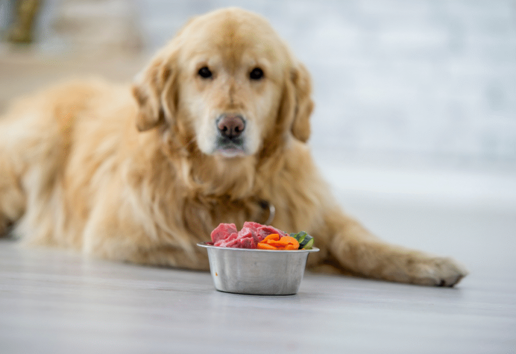 Old dog not eating but acting normal while sitting calmly near food bowl