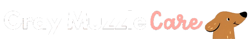 Logo for Gray Muzzle Care featuring a minimalist, flat-style cartoon of a golden retriever