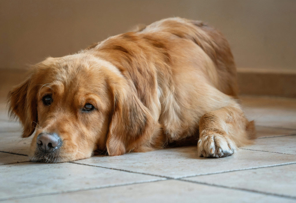 Senior golden retriever resting at home