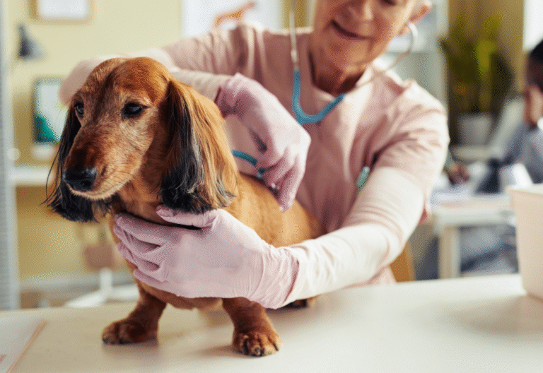 Veterinarian checking a senior dog for signs of kidney disease