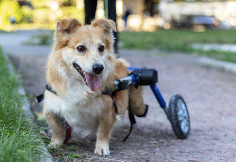 Senior dog in a wheelchair outdoors