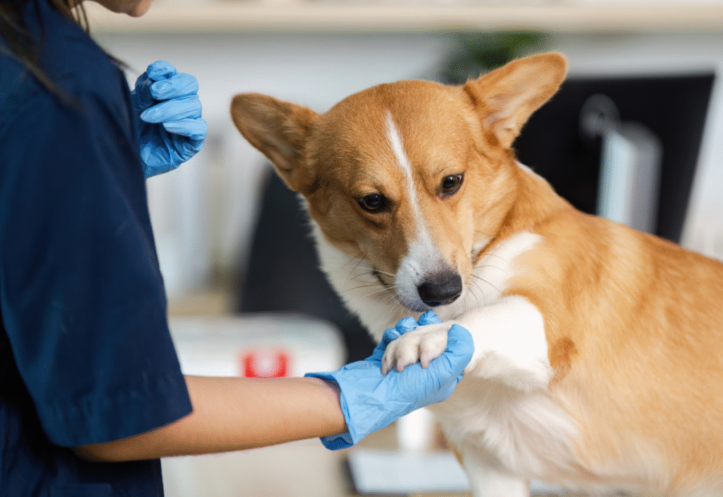 senior dog at the vet during a wellness exam